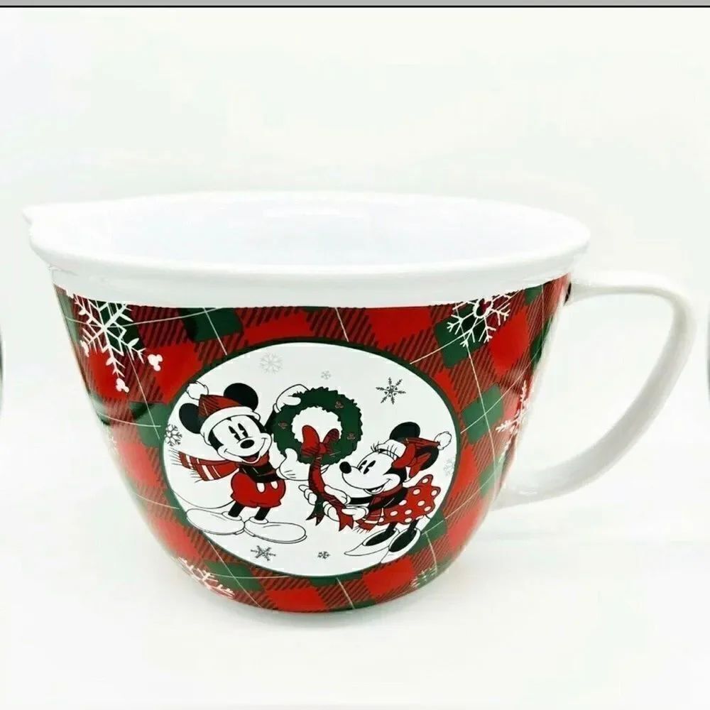 Disney Ceramic Mixing Bowl Mickey Mouse Minnie Christmas Holiday Plaid 10 Cup